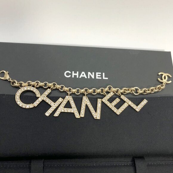 CHANEL CC Logo Rhinestone Charm Chain Bracelet 6.7" Gold Tone P19S Auth - Picture 2 of 8